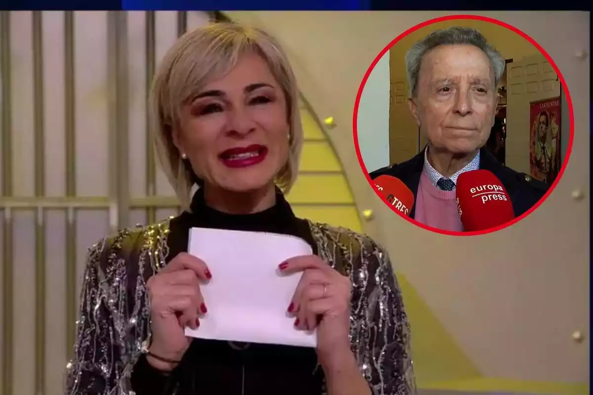 Montaje con una captura de 'GH Dúo' con Ana María Aldón sonriendo con un papel en las manos y José Ortega Cano atendiendo a la prensa