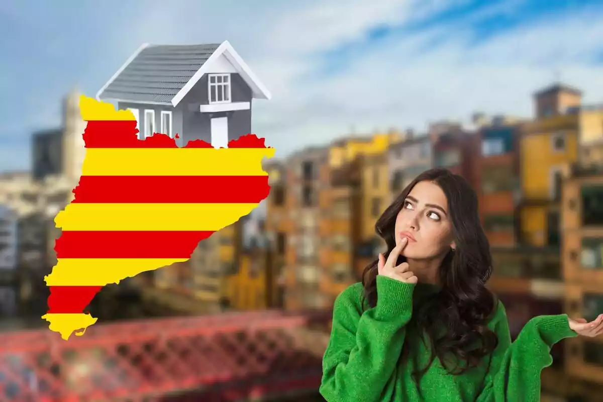 Montaje de Gerona de fondo desenfocada con chica pensativa de donde vivir en Cataluña