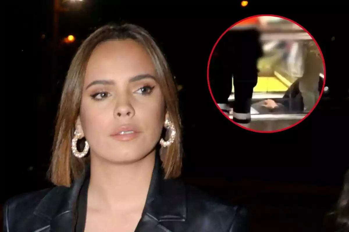 Gloria Camila con cabello castaño y aretes grandes en un entorno nocturno con un recuadro que muestra una escena borrosa en el fondo.