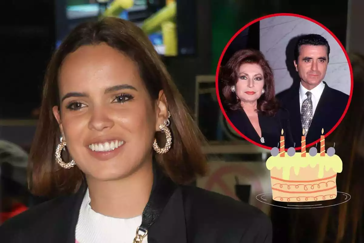 Montaje de Gloria Camila Ortega sonriendo con unos pendientes de aros, Rocío Jurado y José Ortega Cano posando juntos y un pastel del cumpleaños