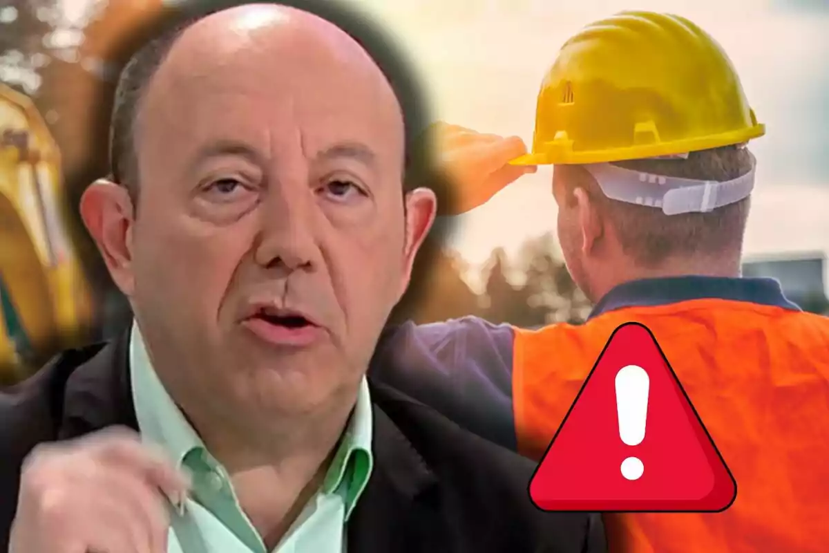 Un hombre calvo en primer plano y un trabajador de la construcción con casco amarillo y chaleco naranja al fondo con un icono de advertencia rojo superpuesto