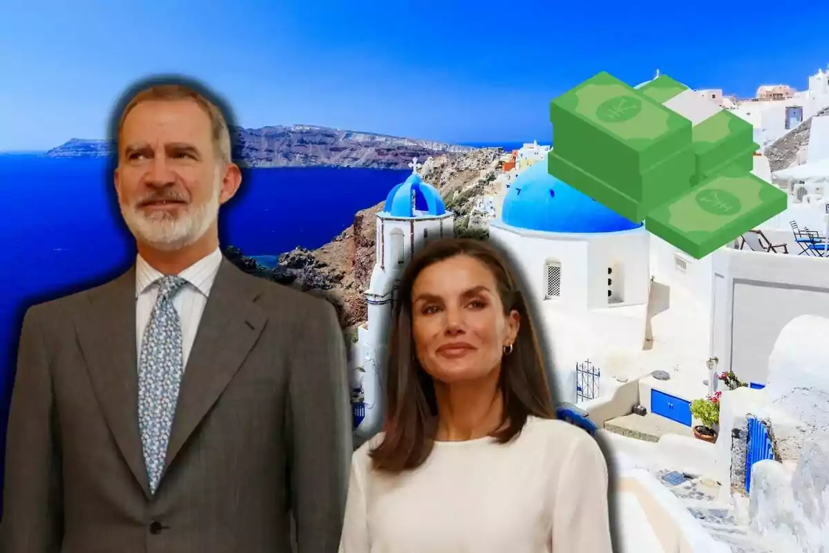 Felipe VI y Letizia posando frente a un paisaje costero con edificios de cúpulas azules y un gráfico de dinero.