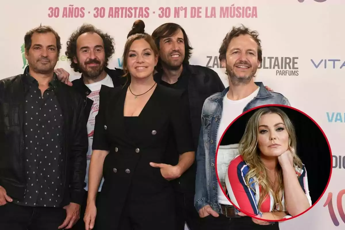 El grupo La Oreja de Van Gogh posando para una foto con un recuadro que muestra a Amaia Montero en primer plano.