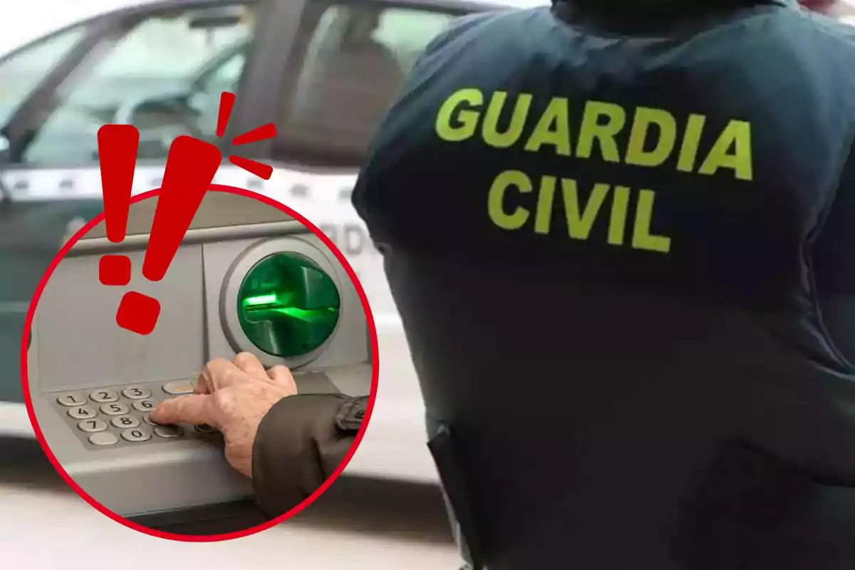 Un agente de la Guardia Civil junto a un círculo rojo con un signo de exclamación y una mano usando un cajero automático.