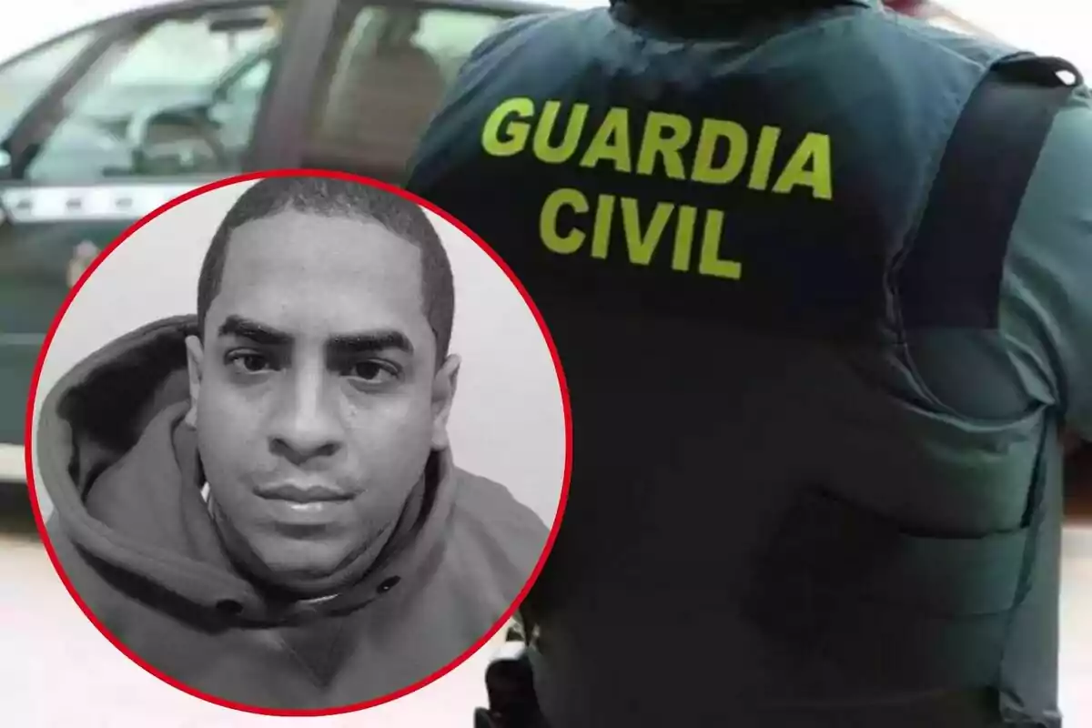 Un agente de la Guardia Civil de espaldas y un retrato en blanco y negro de un hombre en un círculo rojo.