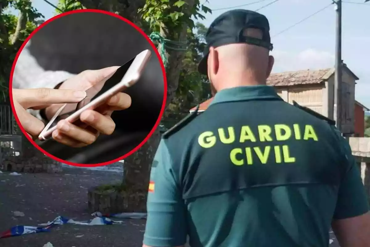 Montaje con un agente de la Guardia Civil de espaldas y un círculo con unas manos usando un teléfono móvil