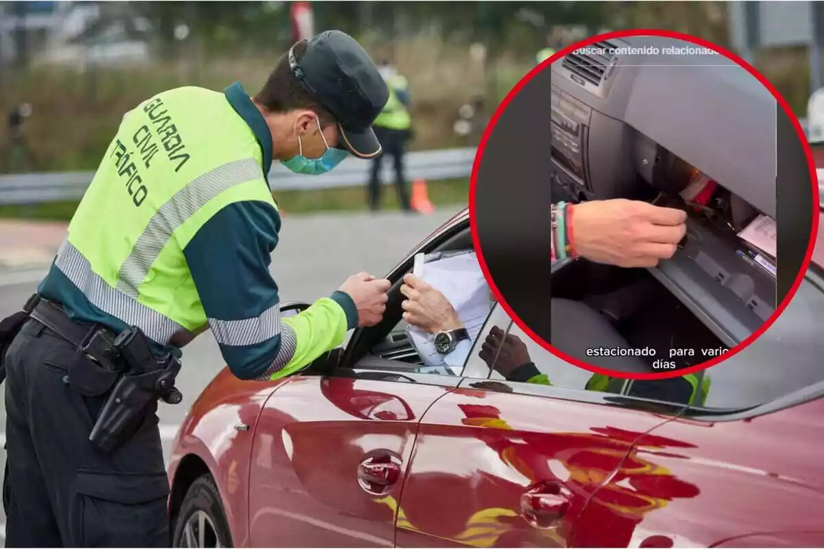 Un guardia civil habla con el conductor de un vehículo, y en el círculo, una mano en una guantera del coche