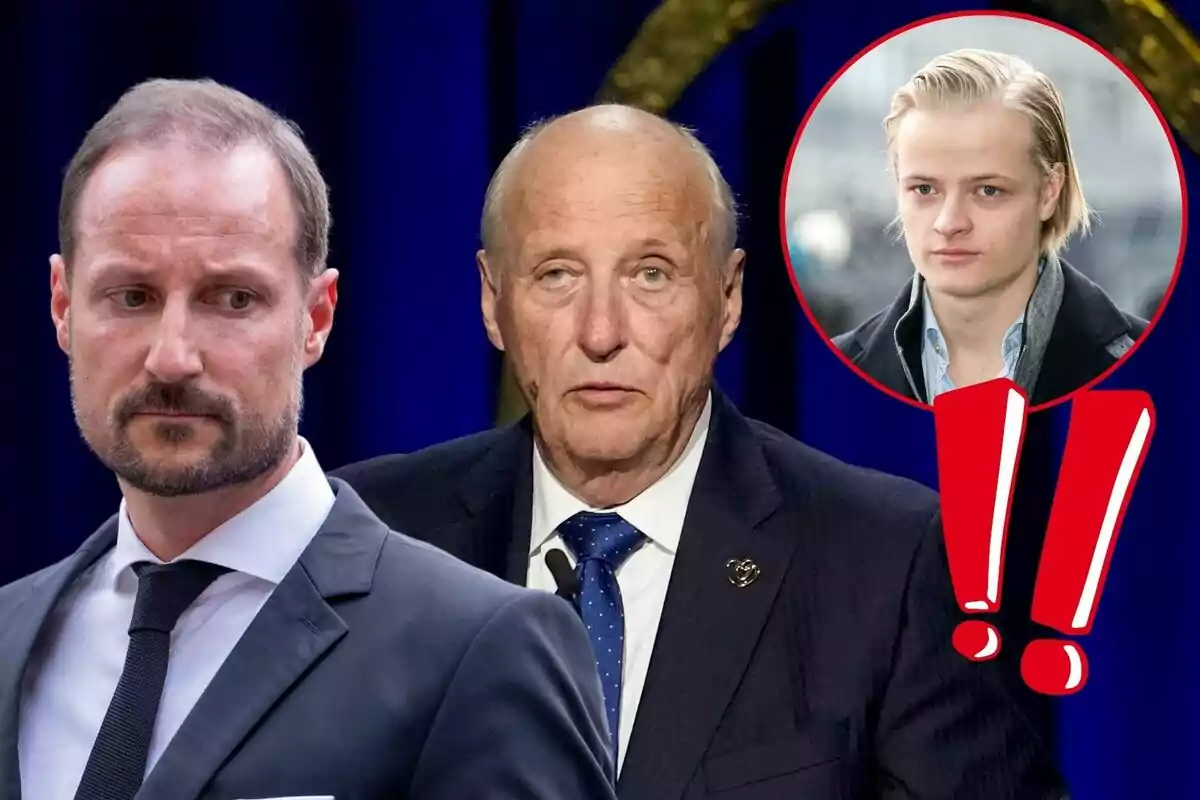 Haakon de Noruega, el rey Harald y Marius Borg, uno de ellos en un círculo rojo con signos de exclamación.