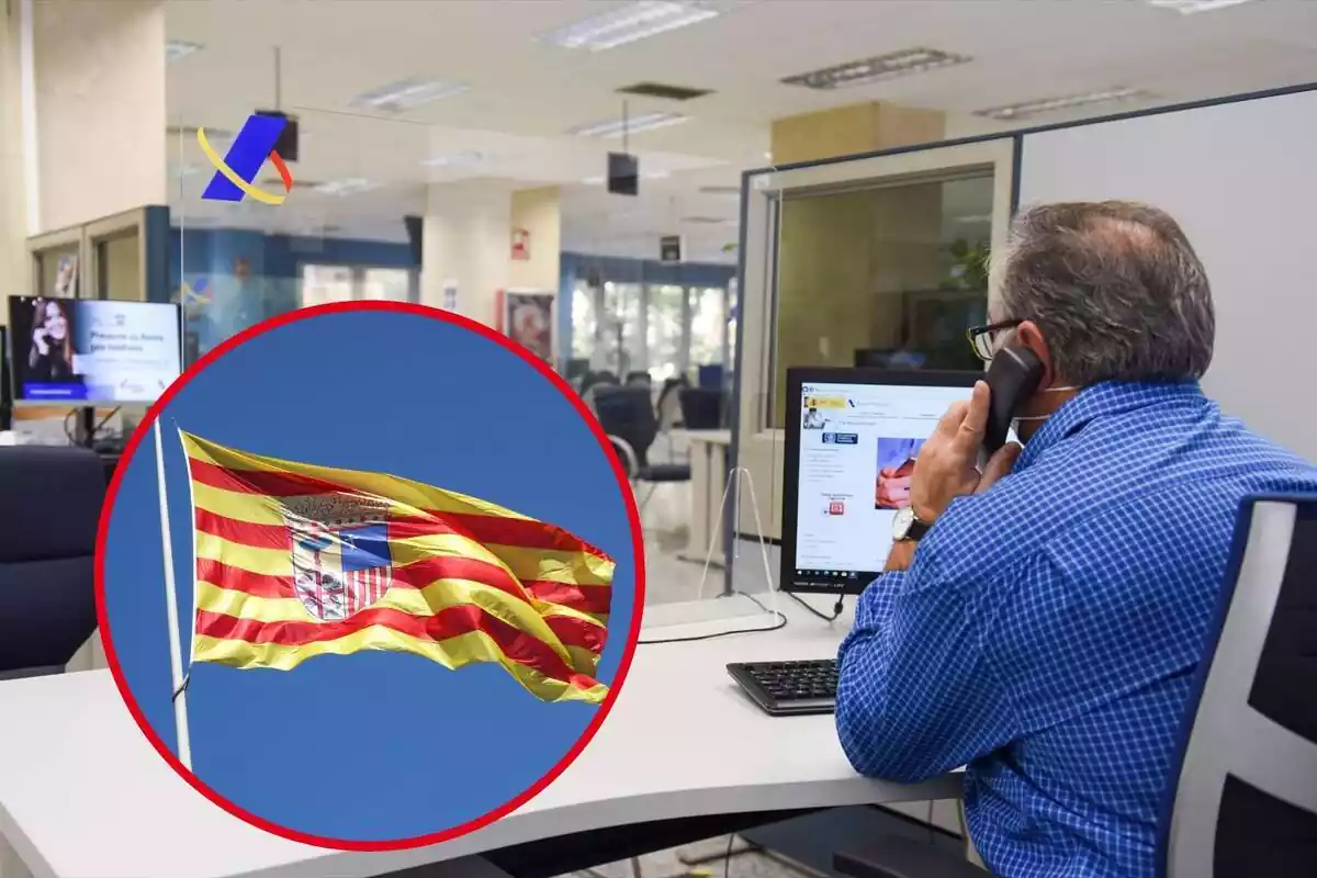 Un funcionario de Hacienda atiende el teléfono, y en el círculo, la bandera de Aragón