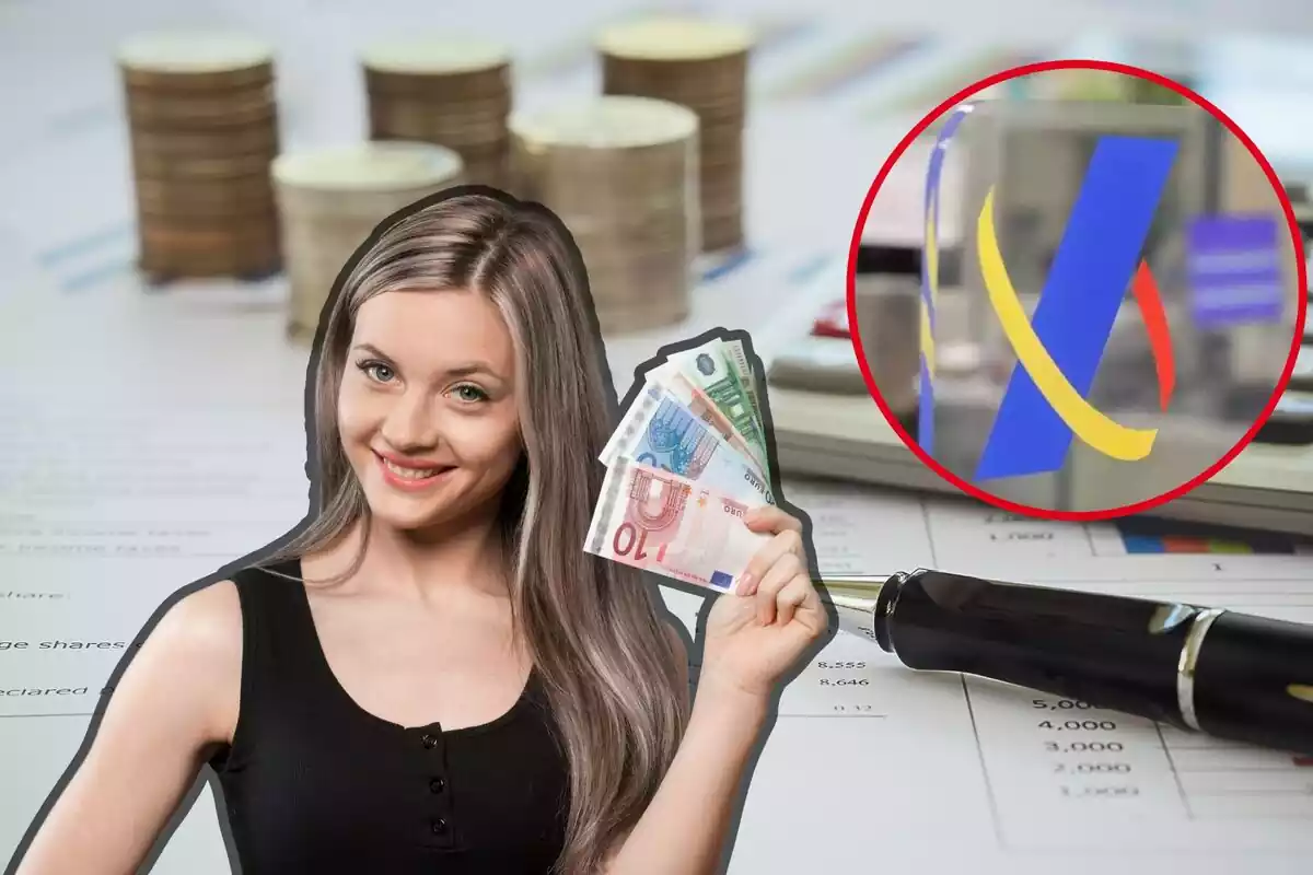 Unos documentos, una calculadora y unas monedas de fondo, con una chica sujetando billetes de euros, y en el círculo el logo de Hacienda