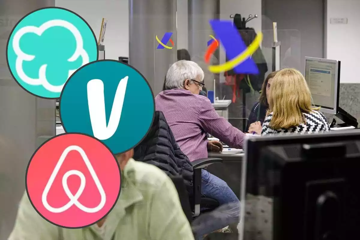 Una oficina de Hacienda y los logos de Airbnb, Vinted y Wallapop