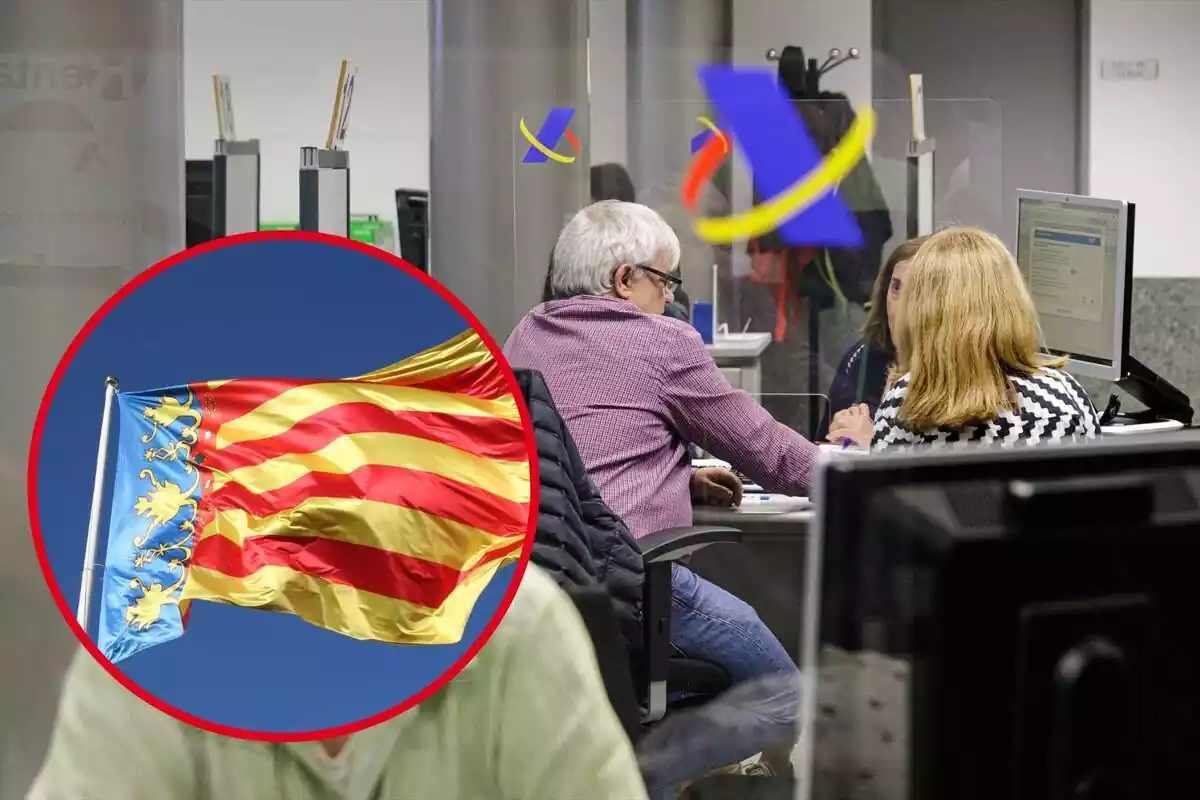 Personas en una oficina de Hacienda, y en el círculo, la bandera de la Comunidad de Valencia