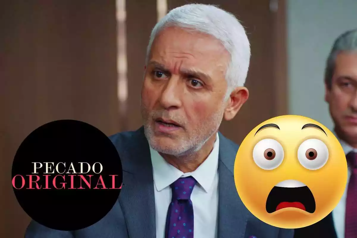 Montaje de 'Pecado Original' con Halit asustado con una corbata morada, el logo de la serie y un emoji de susto