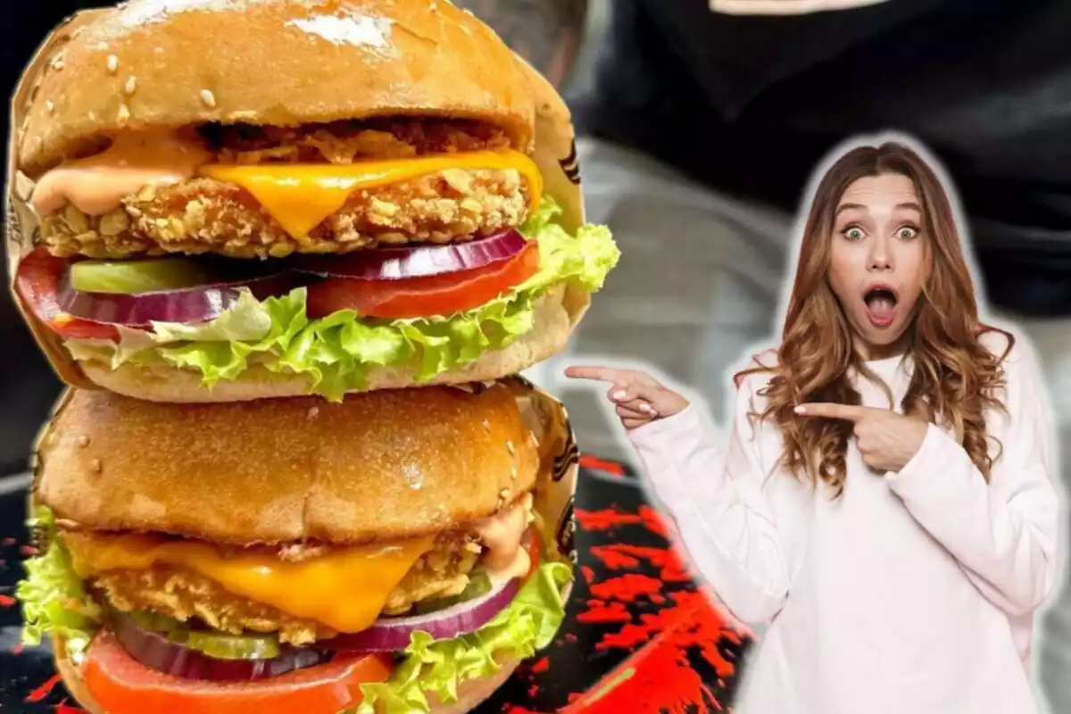 Montaje de dos hamburguesas, una encima de la otra, y una chica sorprendida señalando a un lado con un jersey blanco