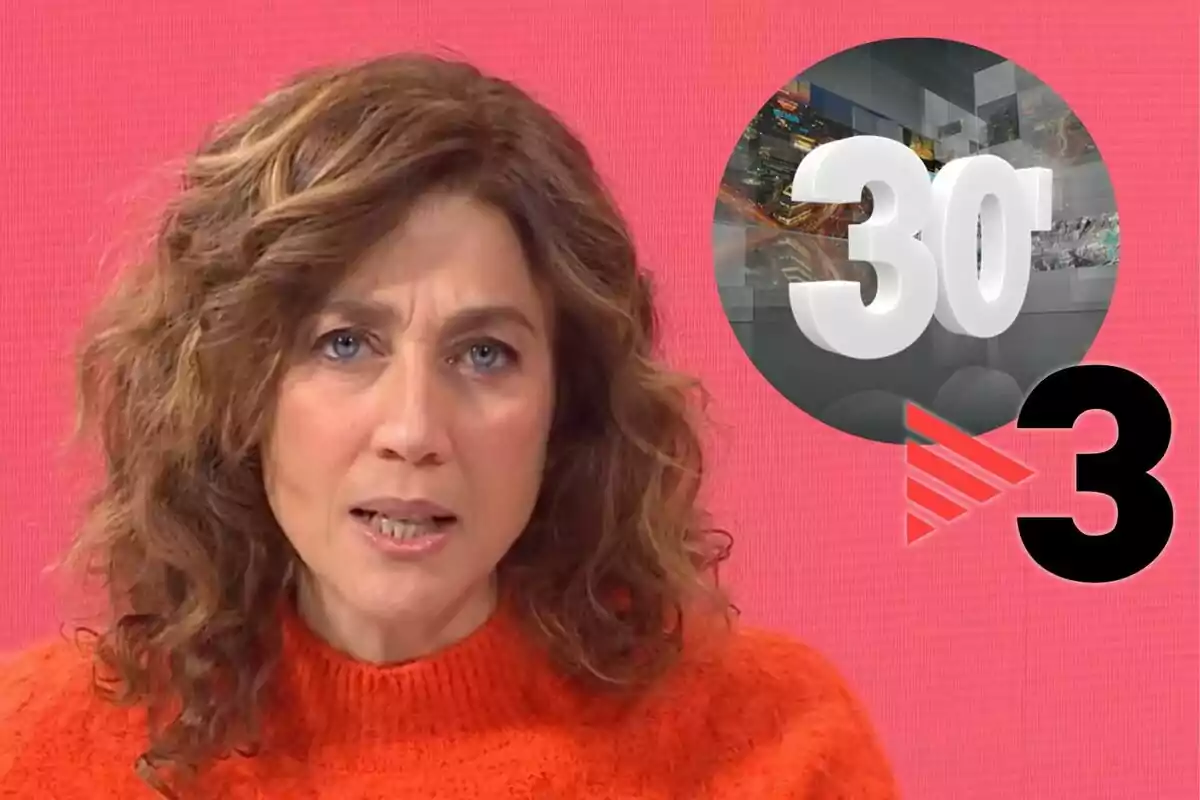 Helena García Melero con suéter naranja frente a un fondo rosa con un gráfico que muestra el número 30 y el logotipo de un canal de televisión.