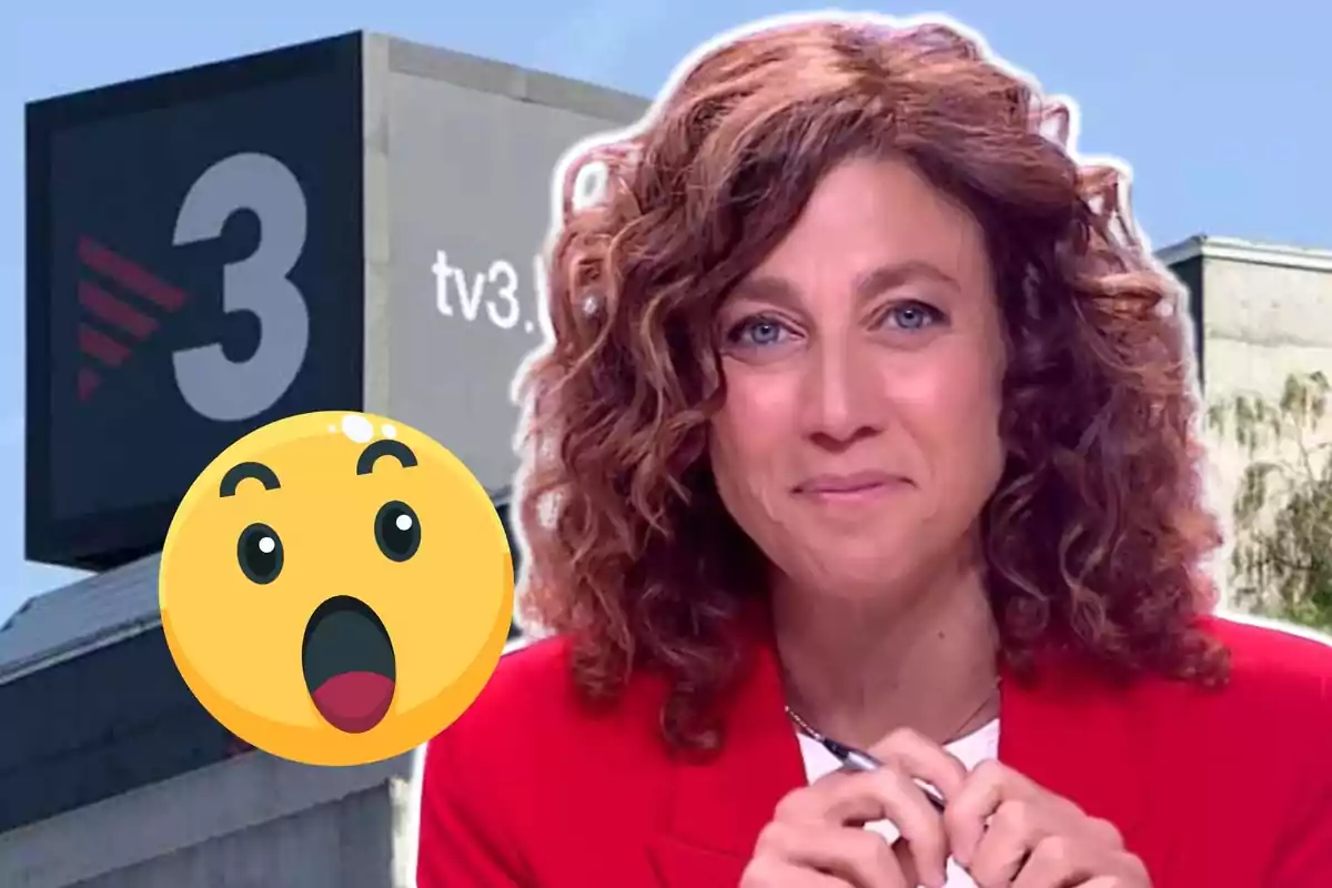 Helena García Melero sonriente frente a un edificio con el logo de TV3 y un emoji sorprendido en primer plano.