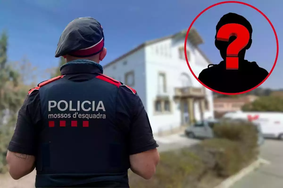 Montaje de centro de acogida de menores de Raimat, Lérida, agente de Mossos d'Esquadra y círculo con silueta de niño e interrogante rojo encima