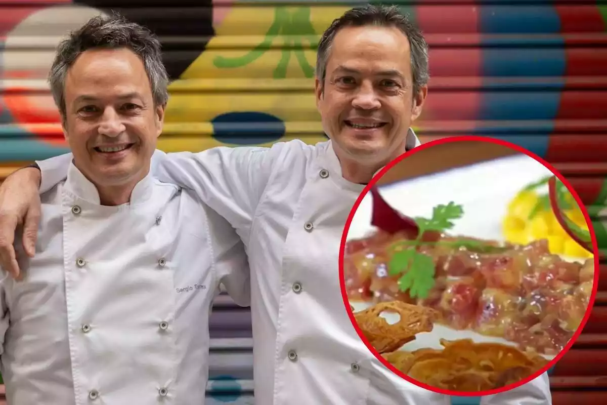 Montaje con una imagen de los hermanos Torres y un círculo con el tartar de atún que preparan los mismos chefs