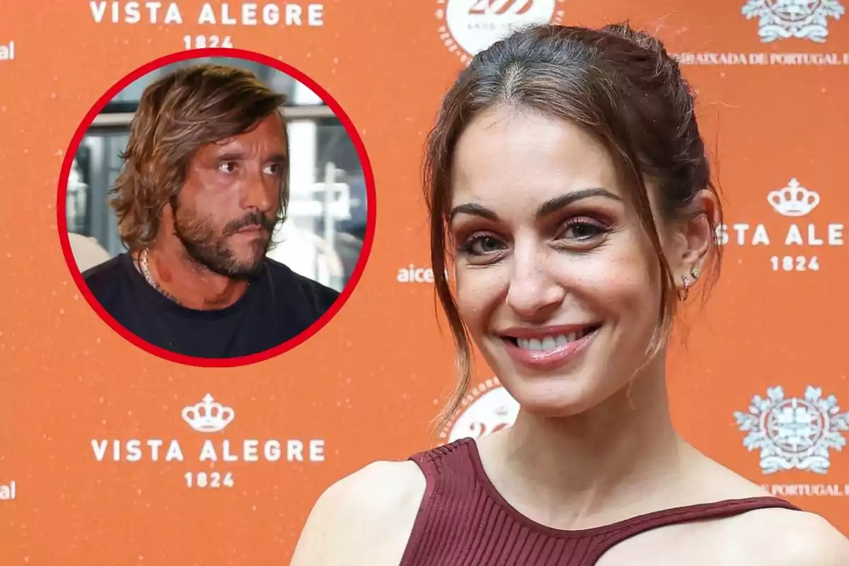 Hiba Abouk posa frente a un fondo naranja con el logo de Vista Alegre mientras Antonio Revilla aparece en un círculo rojo en la esquina superior izquierda.