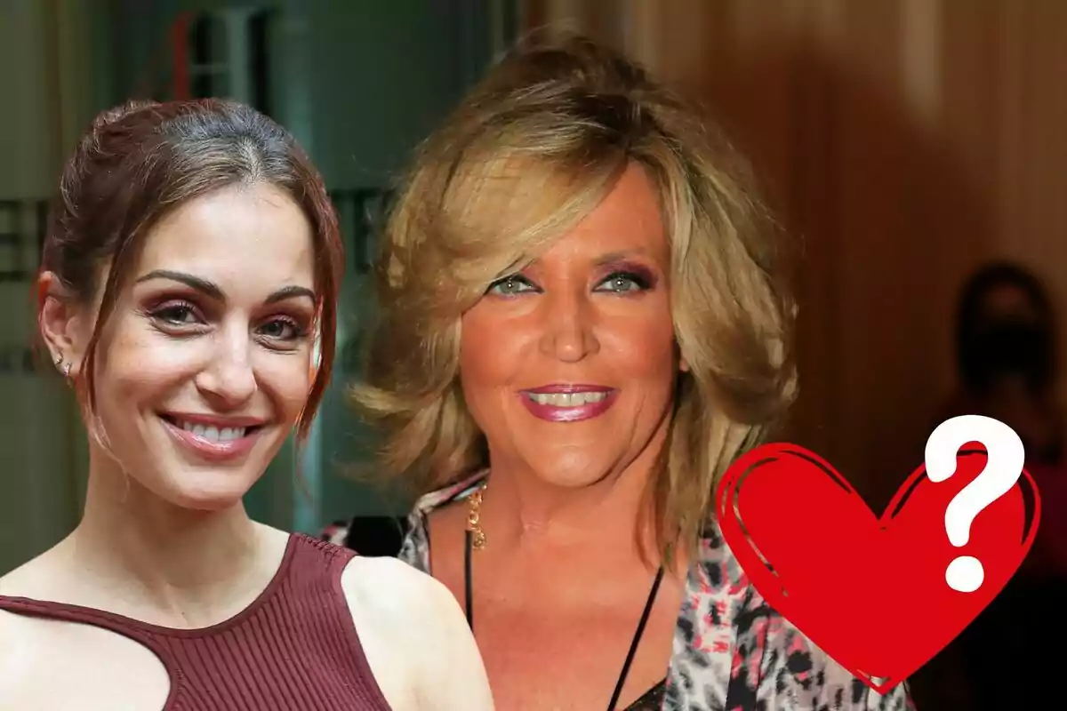 Hiba Abouk y Lydia Lozano sonrientes posan , Hiba con un vestido sin mangas de color burdeos y Lydia con el cabello rubio y un atuendo colorido; en la esquina inferior derecha hay un corazón rojo con un signo de interrogación.