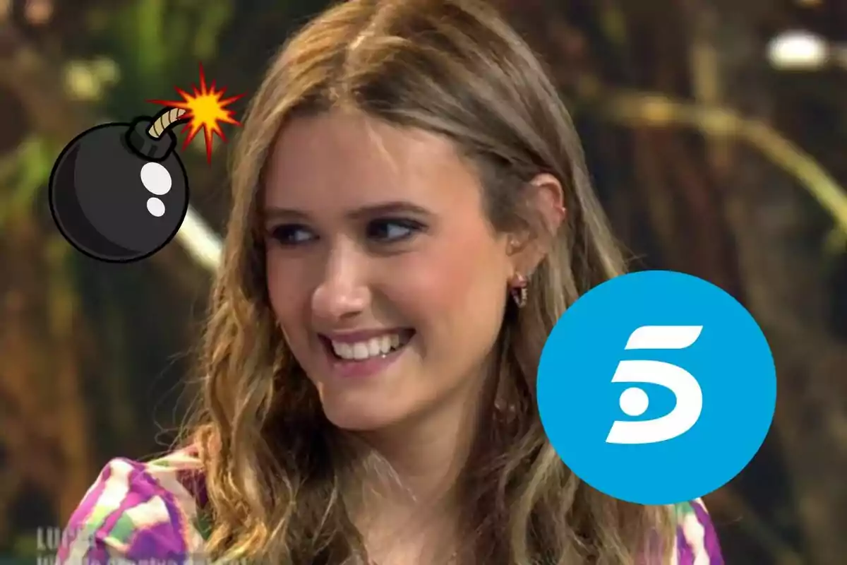 Montaje de Lucía, la hija de Arantxa del Sol, con una bomba y el logo de Telecinco