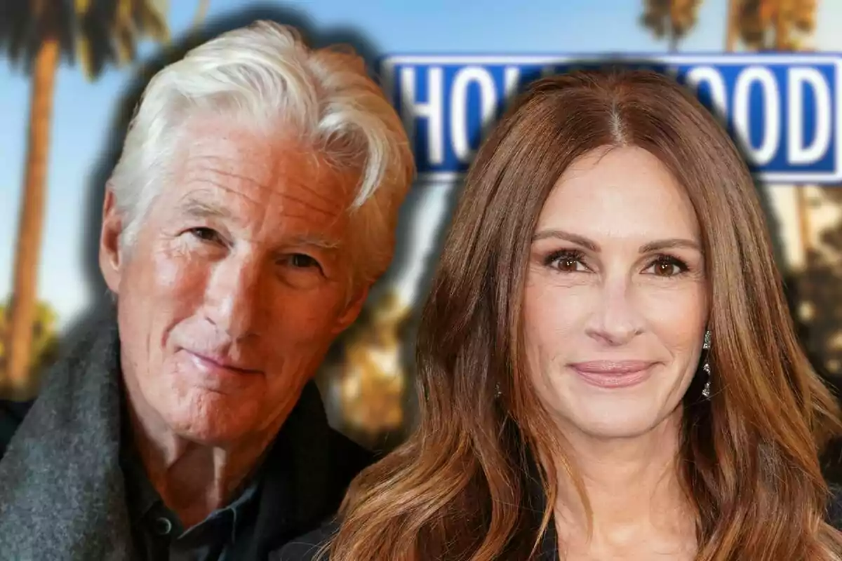 Richard Gere y Julia Roberts posan frente a un fondo con palmeras y un cartel que dice "Hollywood".