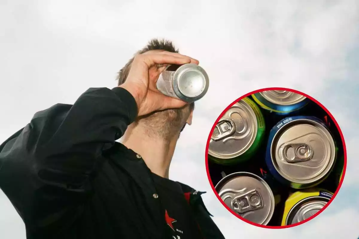 Montaje con un hombre bebiendo de una lata y un círculo con varias bebidas en lata