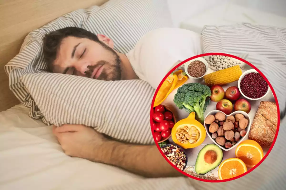 Montaje con un hombre durmiendo en una cama y un círculo con varios alimentos encima de una mesa