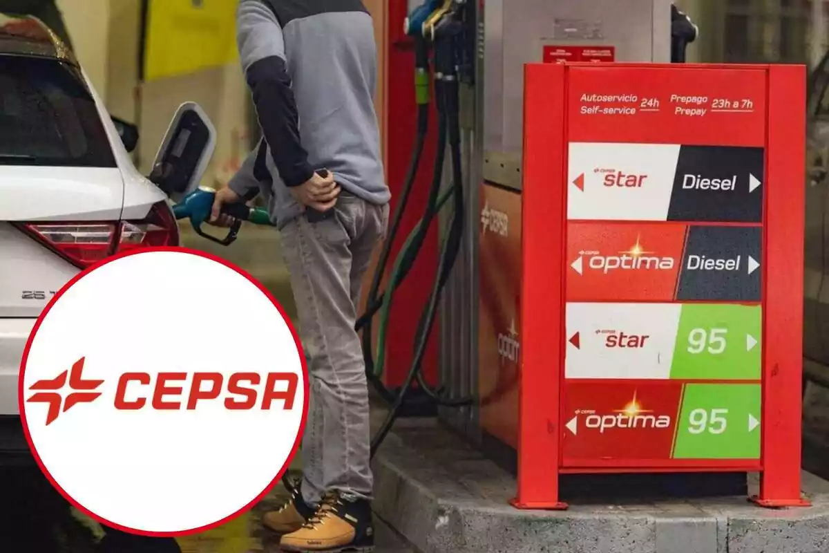 Montaje con un hombre llenando el depósito del coche en una gasolinera Cepsa y un círculo con el logo de la misma empresa