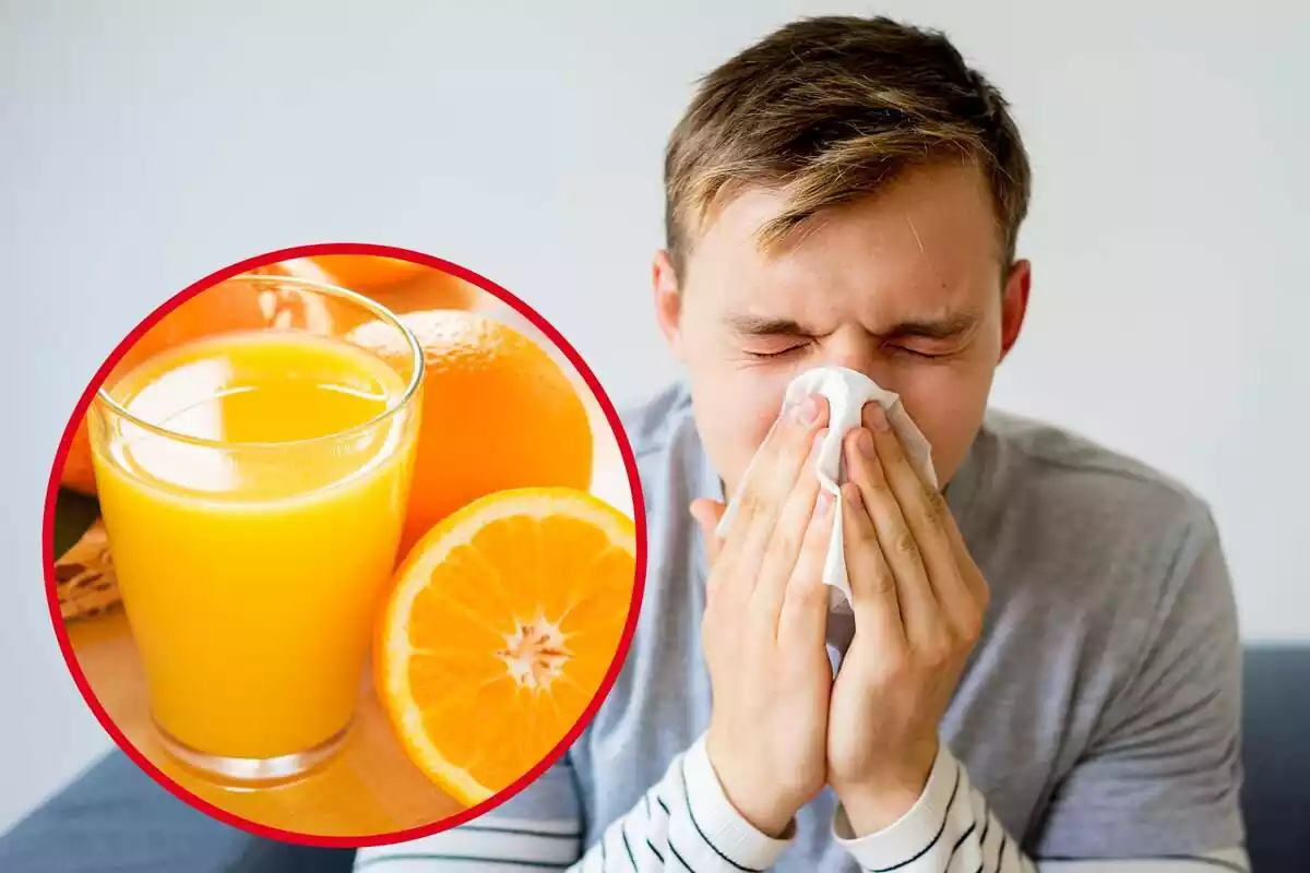 Montaje con un hombre resfriado sonándose la nariz con un pañuelo y un círculo con varias naranjas y un vaso con zumo