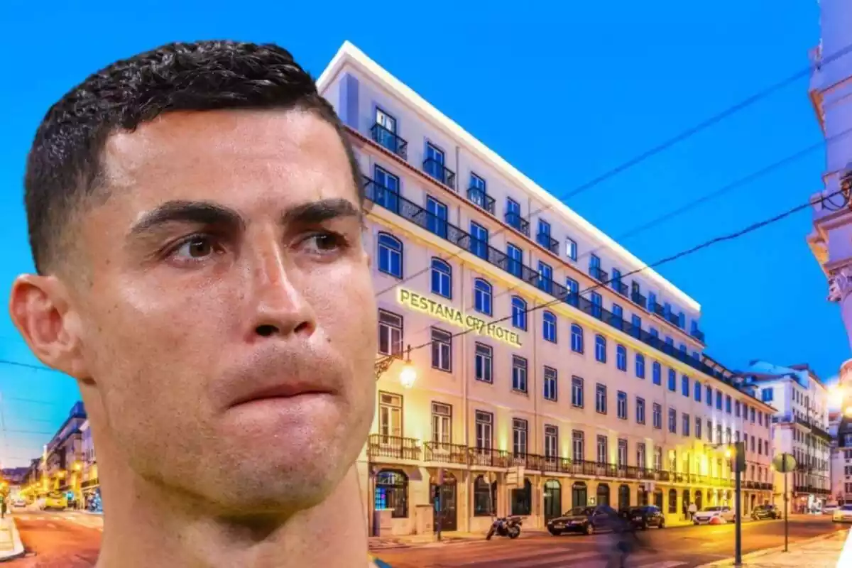 Montaje del hotel de Cristiano Ronaldo en Madrid y un primer plano de él con los labios apretados