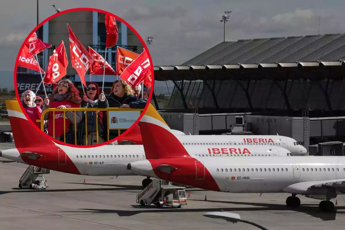 Mnaifestación de CCOO y aviones de Iberia en el aeropuerto de Madrid-Barajas