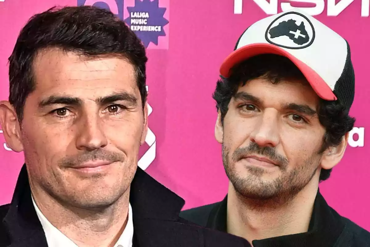 Montaje en primer plano de Iker Casillas sonriendo en abrigo negro y Nacho Taboada sonriendo con una gorra blanca, negra y roja