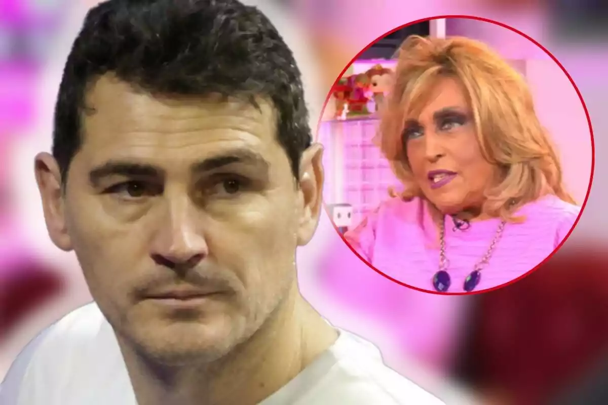 Iker Casillas con expresión seria en primer plano y Lydia Lozano en un recuadro circular en el fondo.
