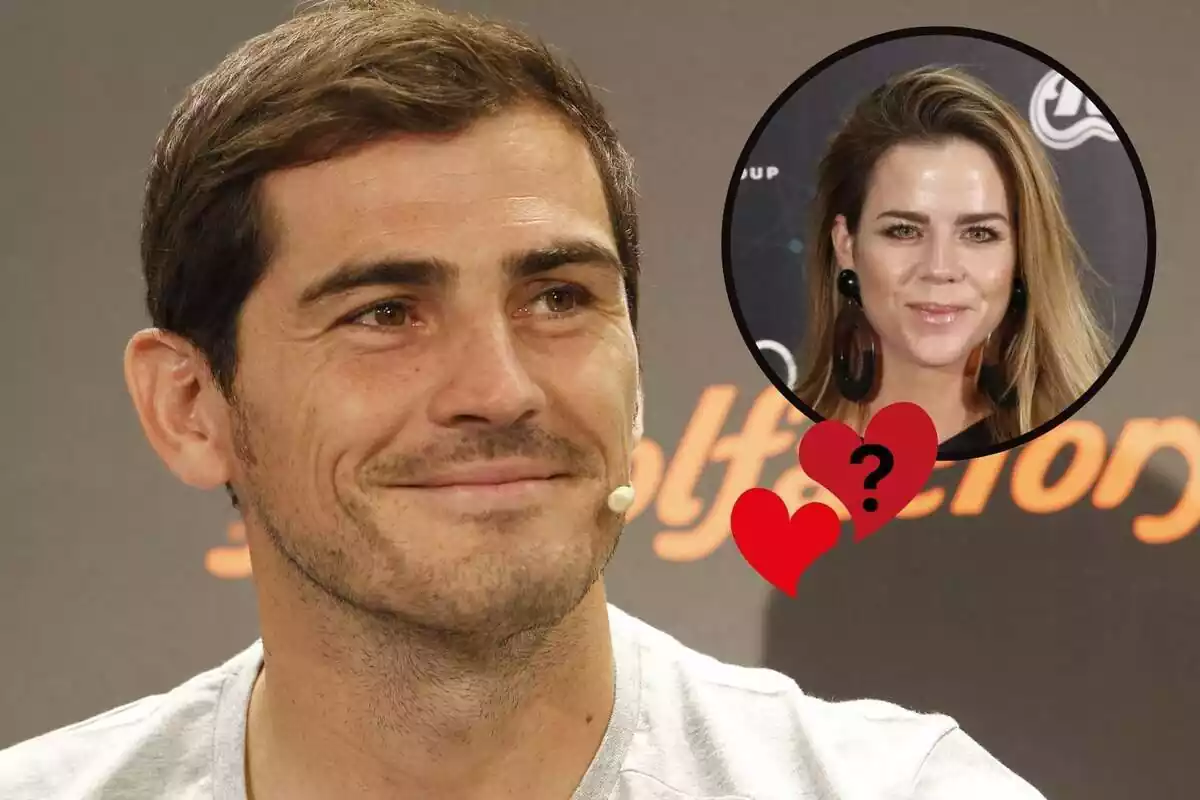 Montaje de Iker Casillas sonriendo mirando a un recorte de Amelia Bono con corazones y un interrogante entre los dos