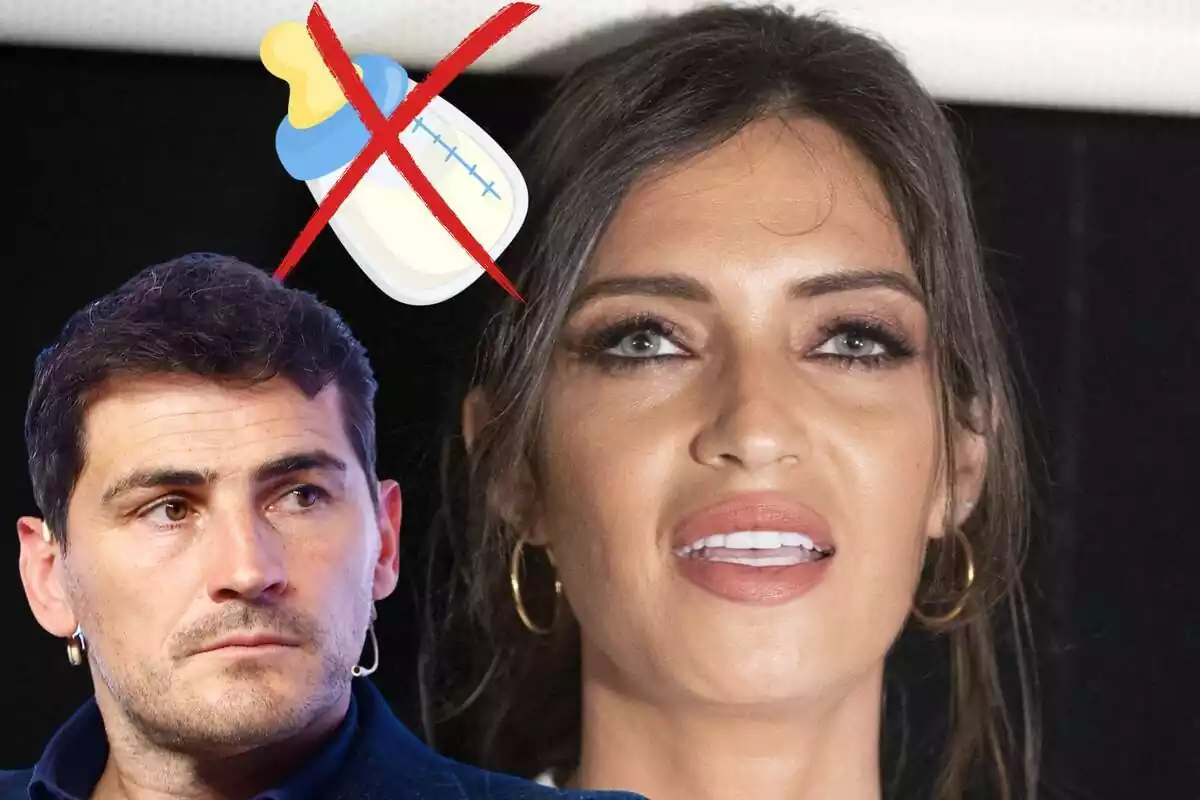 Montaje de Iker Casillas serio mirando a un lado con un micrófono en la mejilla, Sara Carbonero con rostro neutro, el pelo recogido y unos pendientes de aro y un biberón con una cruz roja encima