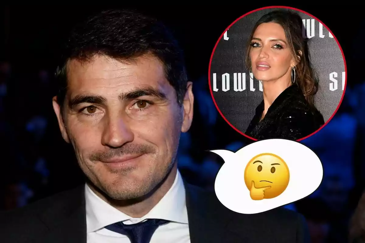 Iker Casillas sonriendo con un globo de pensamiento que contiene un emoji pensativo y una imagen de Sara Carbonero en el fondo.