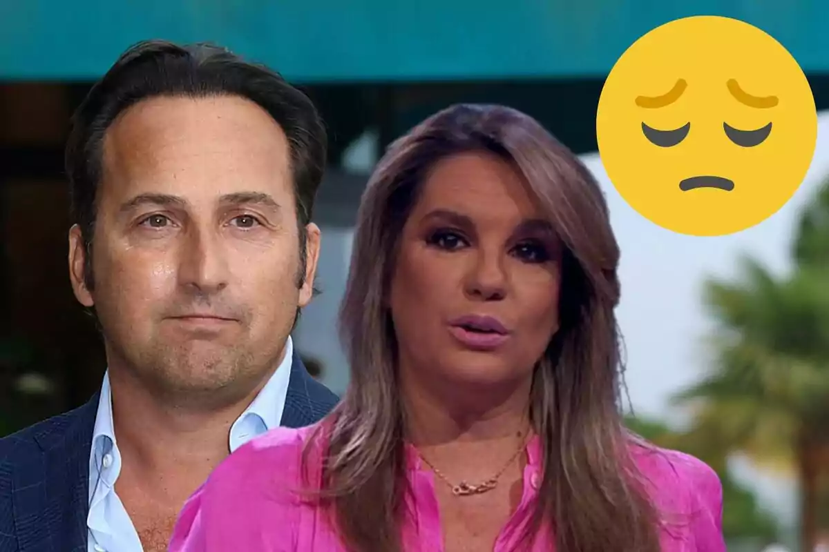 Iker Jiménez y Carmen Porter con expresiones serias y un emoji de cara triste en la esquina superior derecha.