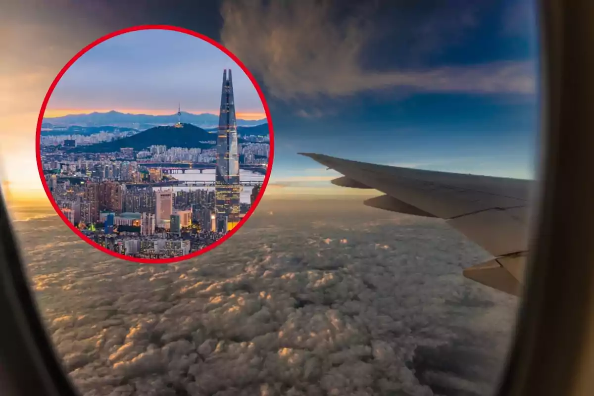 Montaje imagen avión de fondo junto a imagen de Seúl-Incheon