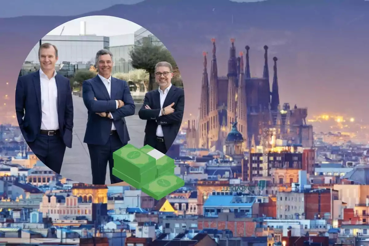 Montaje imagen barcelona junto a imagen círculo del consejero delegado de Masorange Meinrad Spenger, director financiero Ludovic Pech y el director de operaciones Germán López con rostros sonrientes