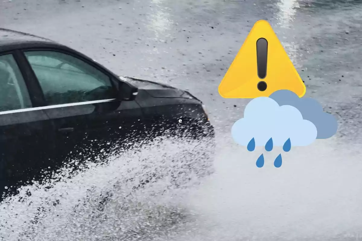 Montaje de una imagen de un coche circulando lloviendo junto a emojis indicando alerta por lluvias
