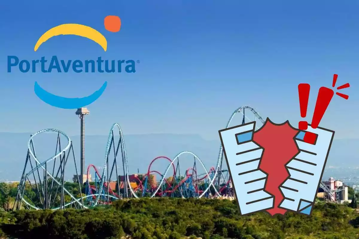 Montaje con una imagen general de PortAventura, el logo del parque, un papel roto y unas exclamaciones