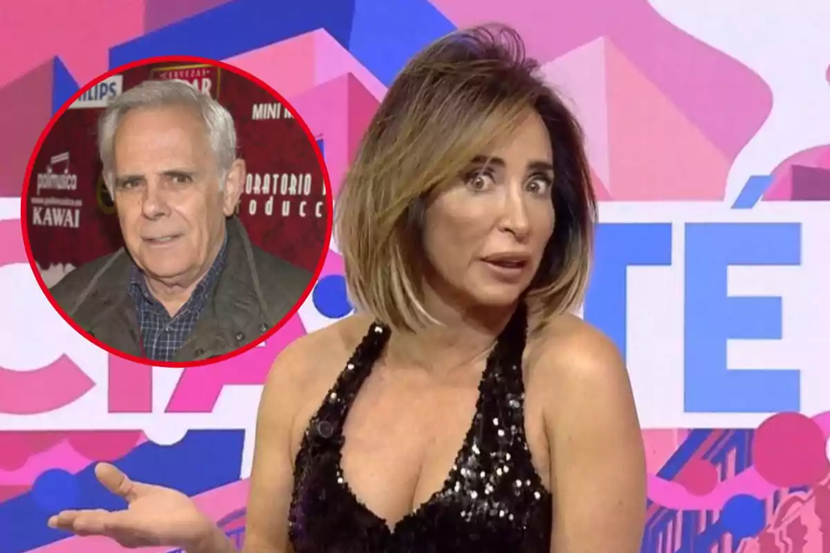 María Patiño con expresión sorprendida en un programa de televisión, con la imagen de Jimmy Jiménez-Arnau en un círculo rojo superpuesta en la esquina superior izquierda.