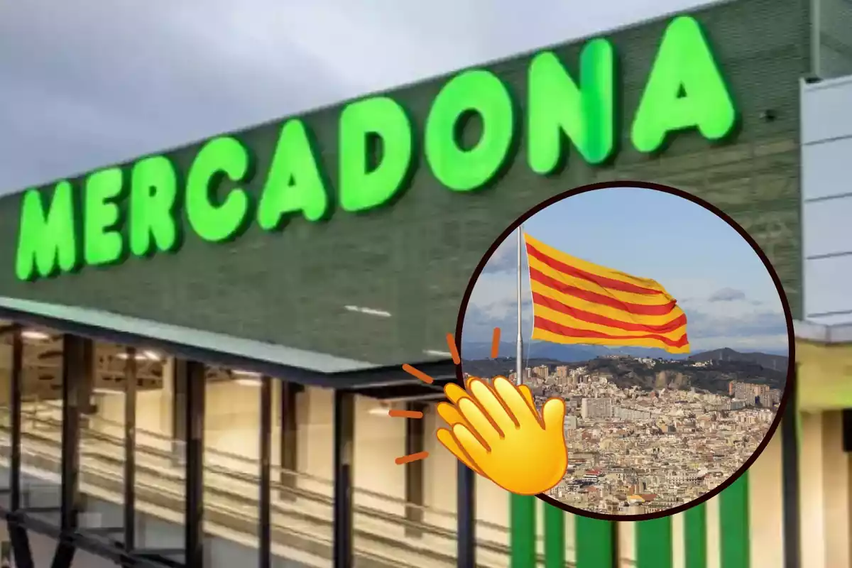 Montaje de una imagen de Mercadona de fondo junto a una una imagen de una bandera de catalunya en el castillo de Montjuïc