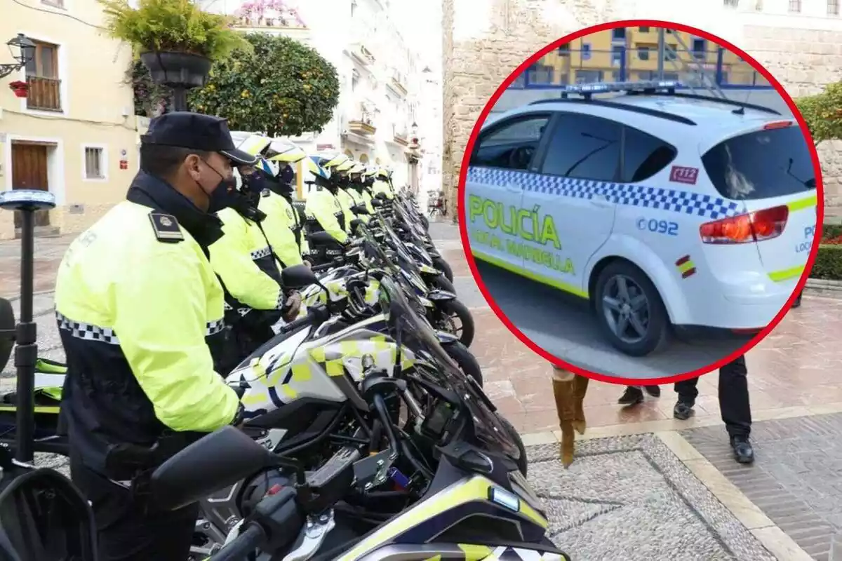 Montaje de la Policía de Marbella junto a un coche de servicio