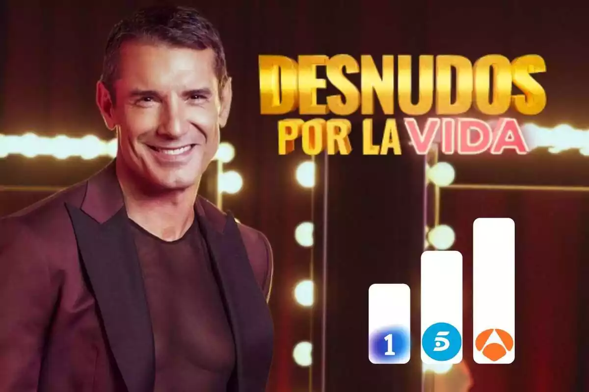 Montaje con la imagen de promoción de Jesús Vázquez en 'Desnudos por la vida', logo del programa, gráfico de barras blancas con los logos de los canales