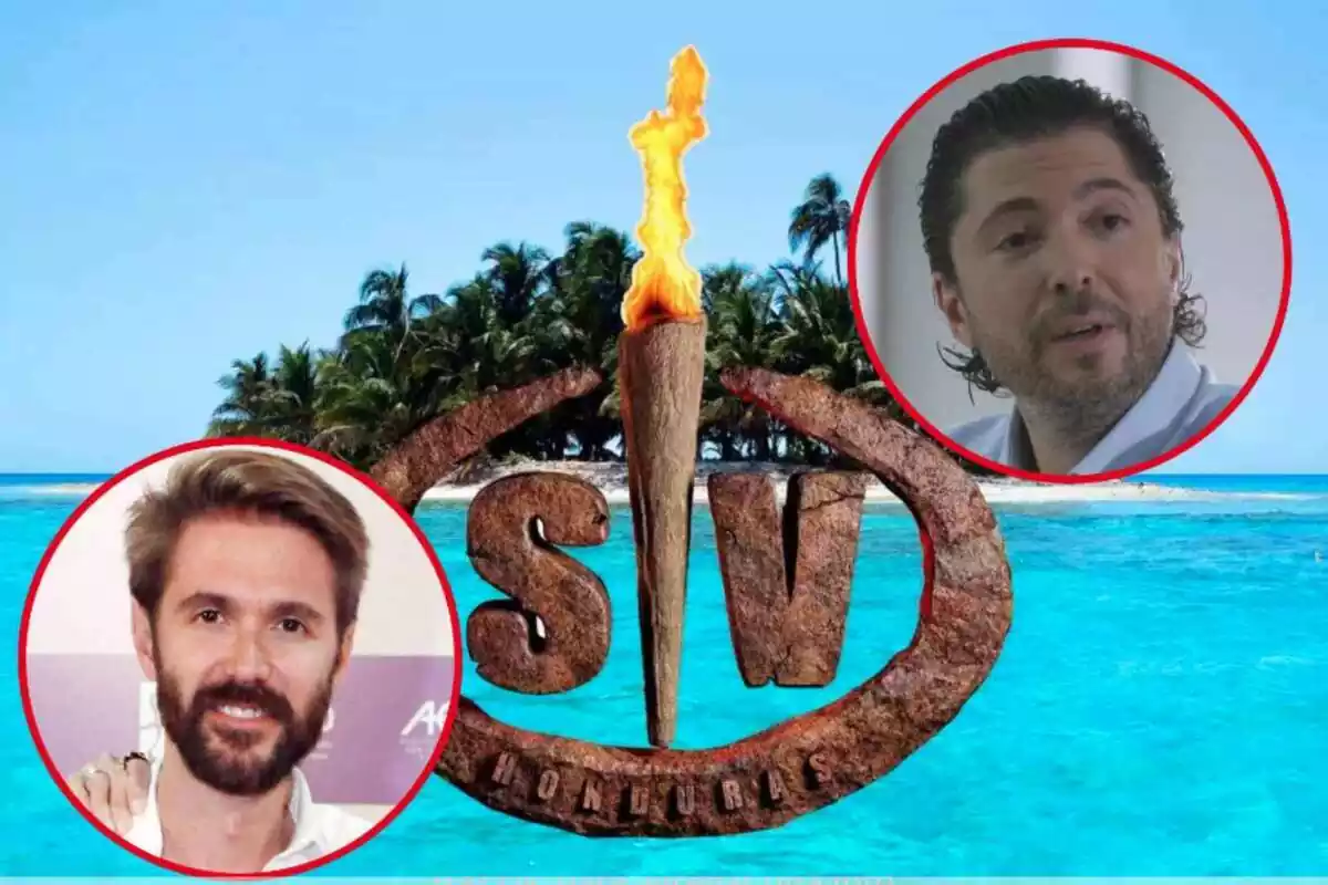 Montaje con una isla, el logo de 'Supervivientes' y Manuel Velasco y Ángel Cristo sonriendo