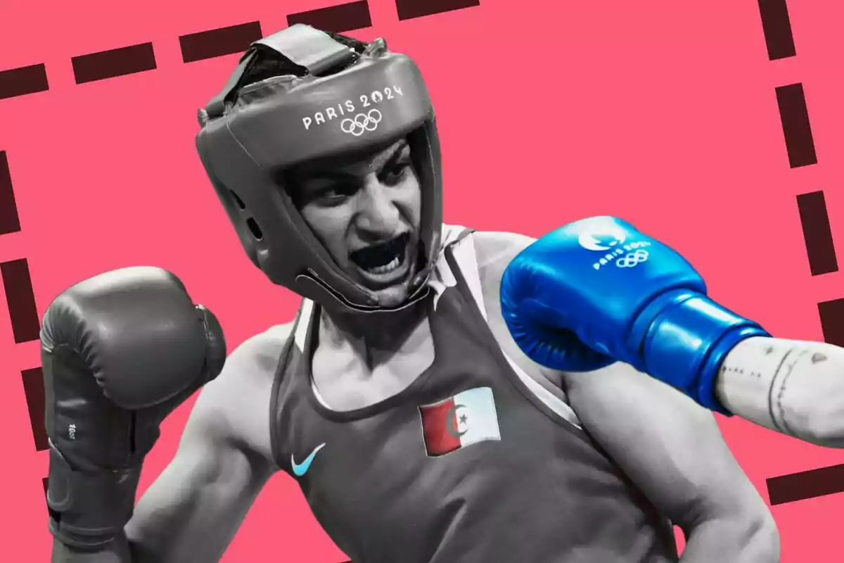 Boxeador con casco y guantes en un combate de boxeo, con el logo de París 2024 en el casco y guante azul, sobre un fondo rosa.