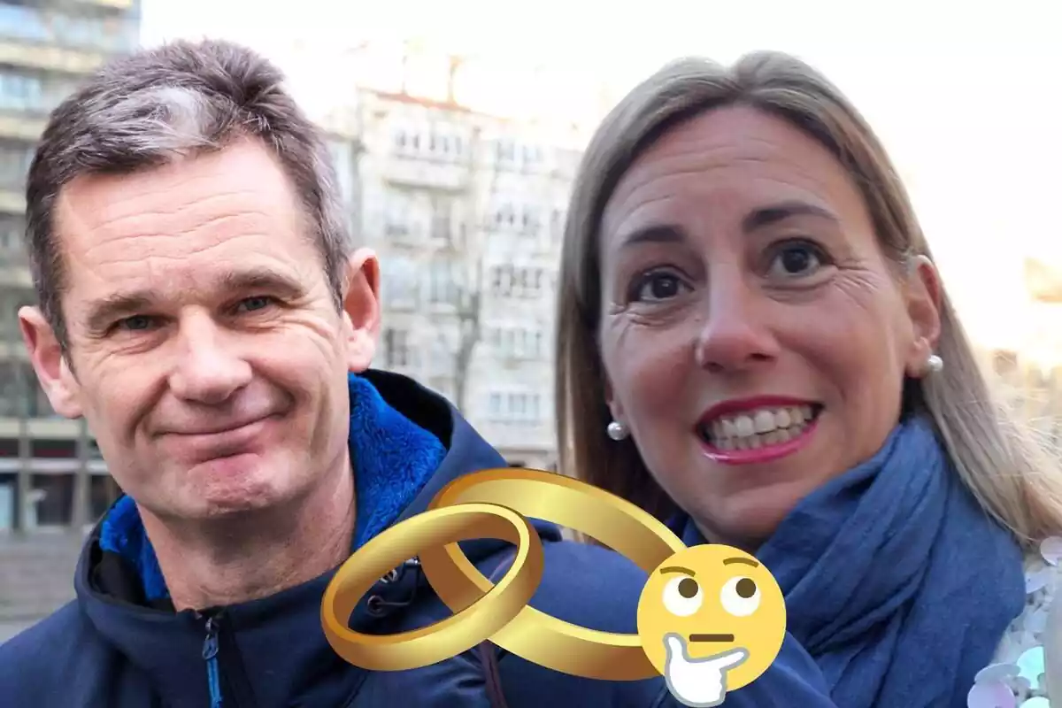 Montaje de Iñaki Urdangarin sonriendo con una chaqueta azul, Ainhoa Armentia sonriendo con una bufanda azul, unos anillos de casados y un emoji pensando