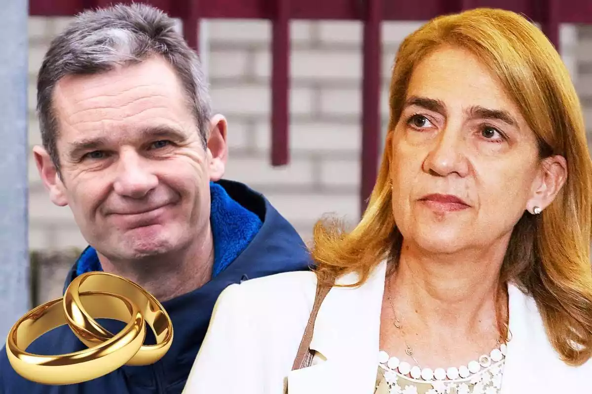 Montaje de Iñaki Urdangarin sonriendo con una chaqueta azul, la infanta Cristina seria vestida de blanco y unos anillos de boda